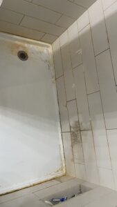 Bathroom wall tiles before cleaning – dirt and discoloration visible